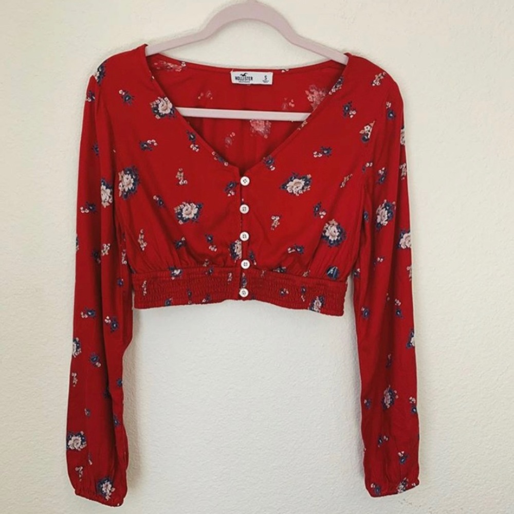 Hollister red floral button crop top